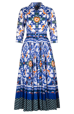 Aster Dress Shirt Collar 3/4 Sleeve Midi Plus Length Cotton Musola (Palazzo Mosaic)