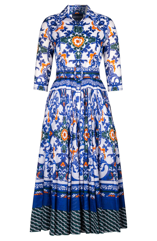 Aster Dress Shirt Collar 3/4 Sleeve Midi Plus Length Cotton Musola (Palazzo Mosaic)