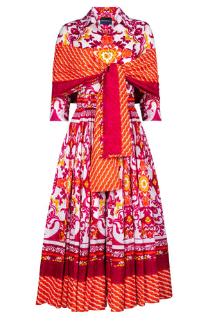 Aster Dress Shirt Collar 3/4 Sleeve Midi Plus Length Cotton Musola (Palazzo Mosaic)