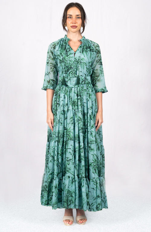 Eva Dress Crew Neck 3/4 Sleeve Maxi Length Cotton Musola (Palm Toile New Ground)