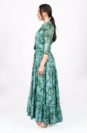 Eva Dress Crew Neck 3/4 Sleeve Maxi Length Cotton Musola (Palm Toile New Ground)