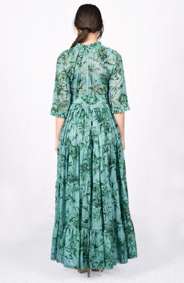 Eva Dress Crew Neck 3/4 Sleeve Maxi Length Cotton Musola (Palm Toile New Ground)