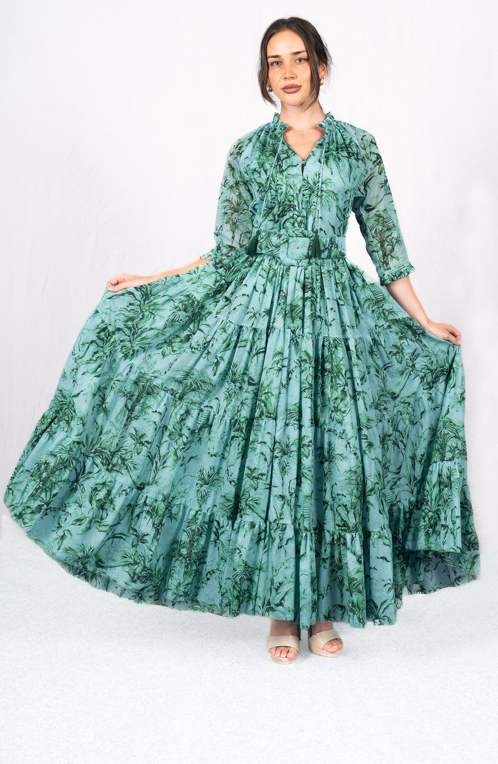 Eva Dress Crew Neck 3/4 Sleeve Maxi Length Cotton Musola (Palm Toile New Ground)