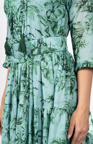 Eva Dress Crew Neck 3/4 Sleeve Maxi Length Cotton Musola (Palm Toile New Ground)