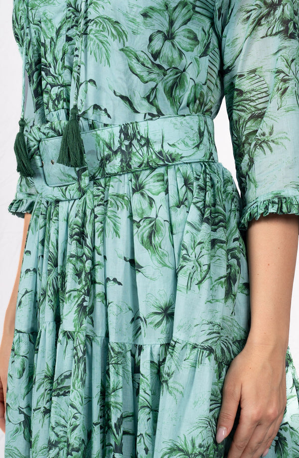 Eva Dress Crew Neck 3/4 Sleeve Maxi Length Cotton Musola (Palm Toile New Ground)