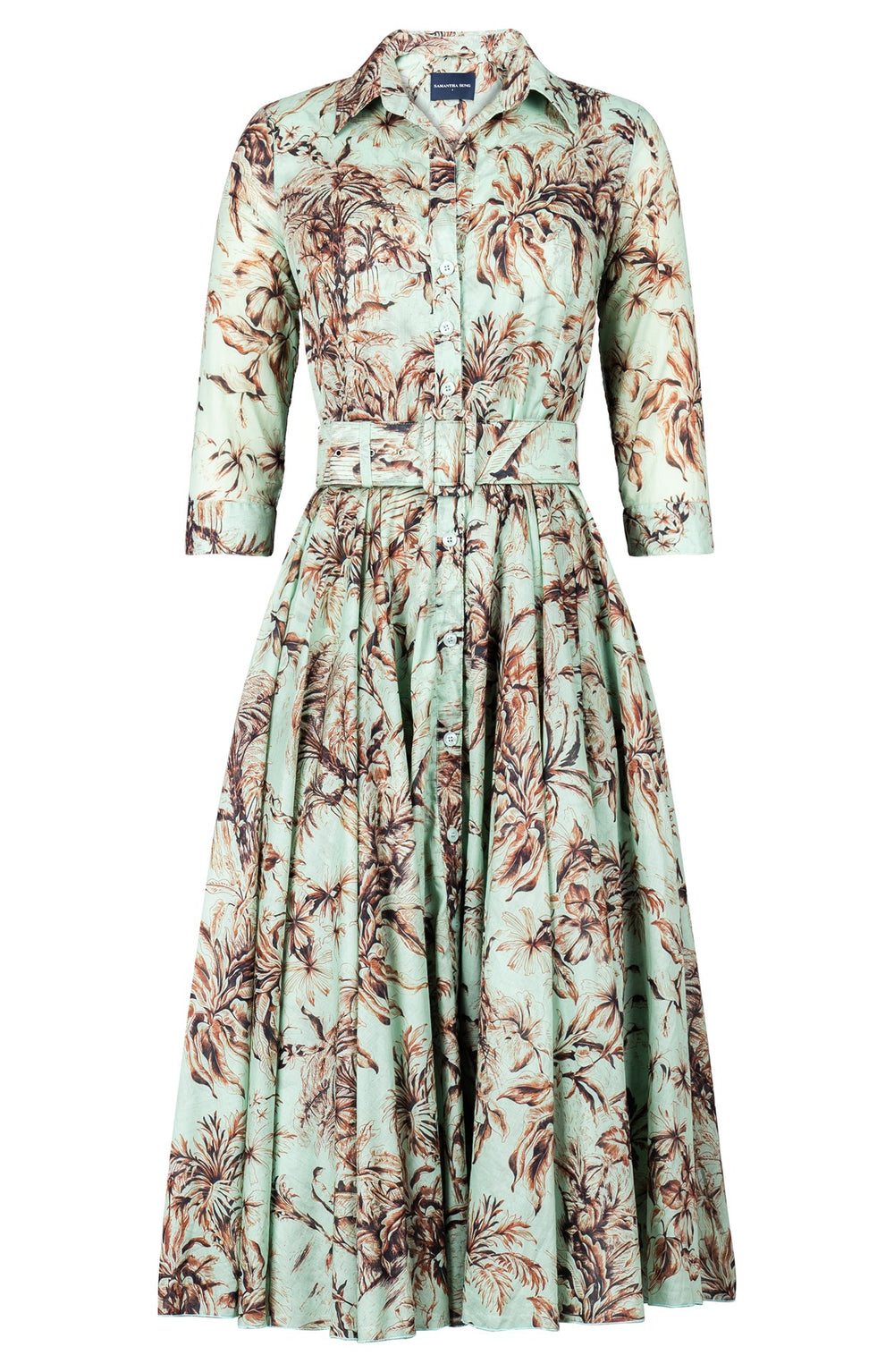 Aster Dress Shirt Collar 3/4 Sleeve Midi Length Cotton Musola (Palm Toile New Ground)