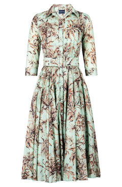 Aster Dress Shirt Collar 3/4 Sleeve Midi Length Cotton Musola (Palm Toile New Ground)