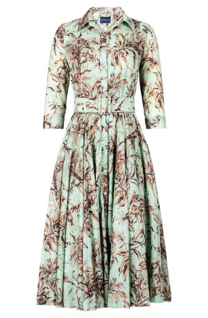 Aster Dress Shirt Collar 3/4 Sleeve Midi Length Cotton Musola (Palm Toile New Ground)