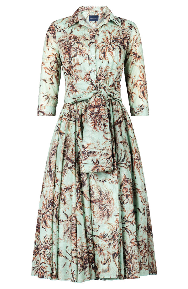 Aster Dress Shirt Collar 3/4 Sleeve Midi Length Cotton Musola (Palm Toile New Ground)