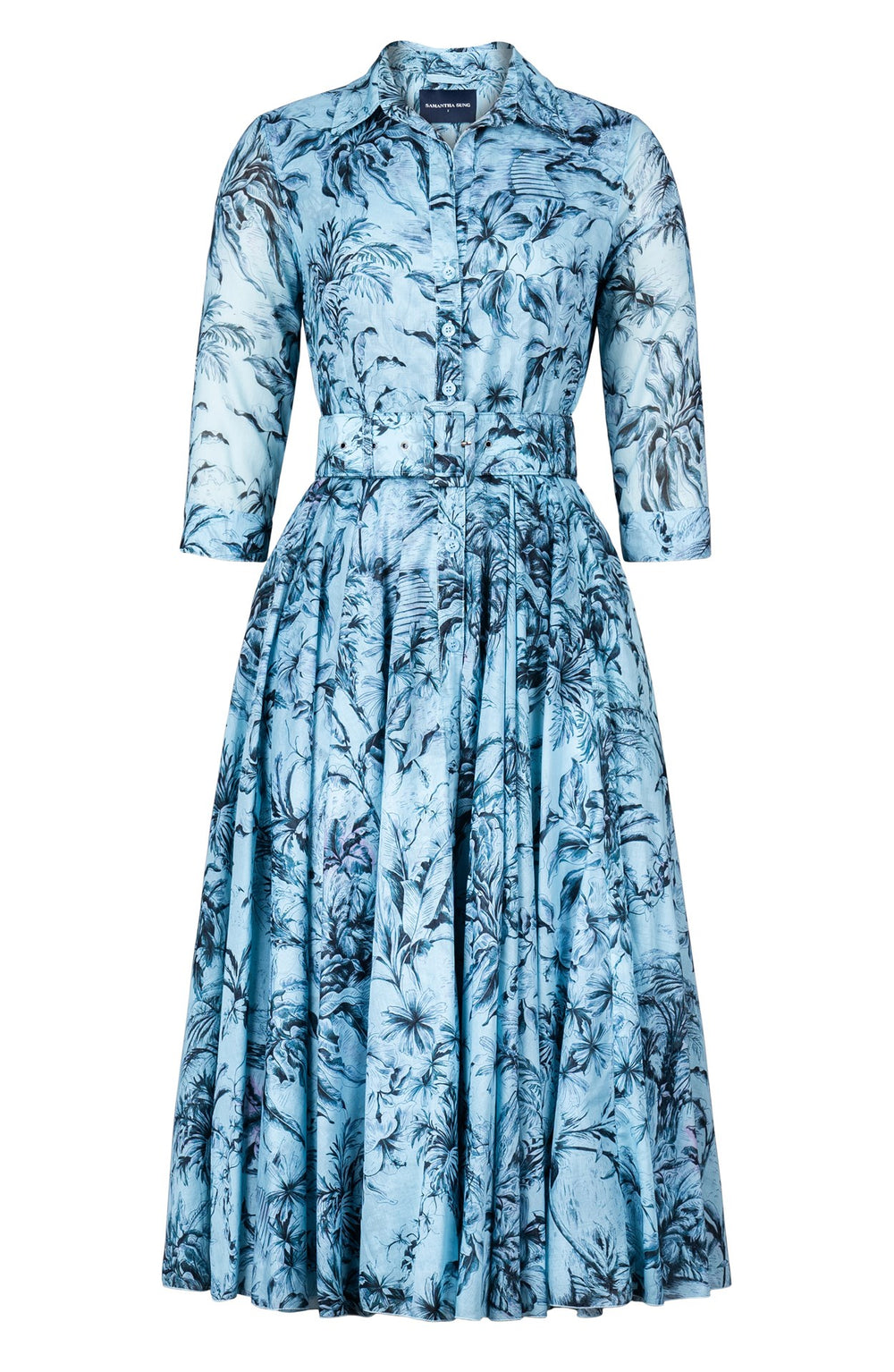 Aster Dress Shirt Collar 3/4 Sleeve Midi Length Cotton Musola (Palm Toile New Pastel)