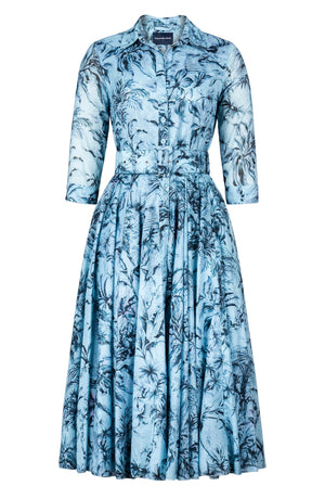 Aster Dress Shirt Collar 3/4 Sleeve Midi Length Cotton Musola (Palm Toile New Pastel)