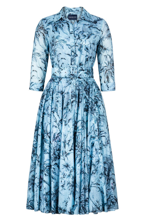 Aster Dress Shirt Collar 3/4 Sleeve Midi Length Cotton Musola (Palm Toile New Pastel)