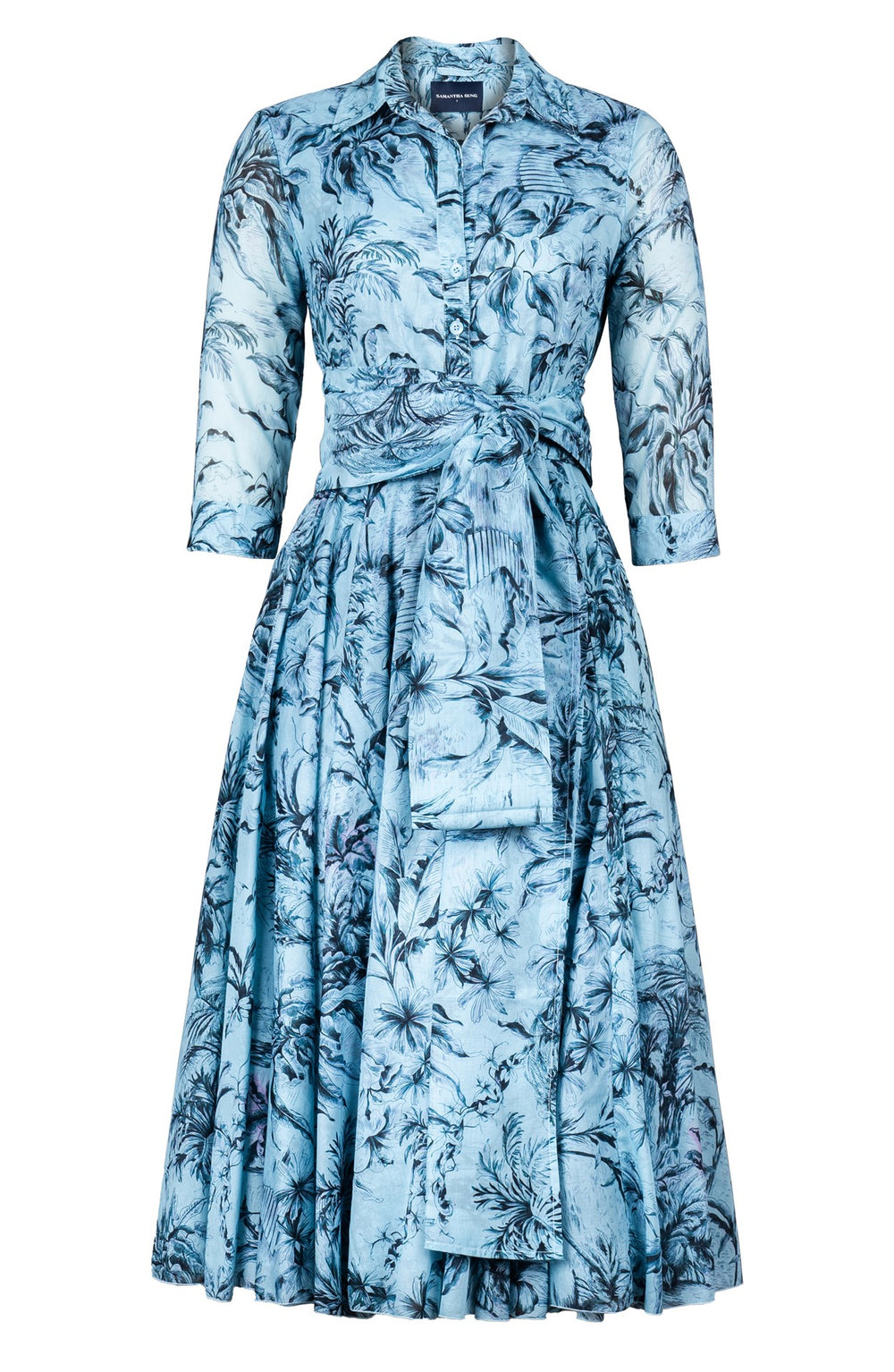 Aster Dress Shirt Collar 3/4 Sleeve Midi Length Cotton Musola (Palm Toile New Pastel)