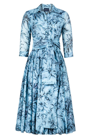 Aster Dress Shirt Collar 3/4 Sleeve Midi Length Cotton Musola (Palm Toile New Pastel)