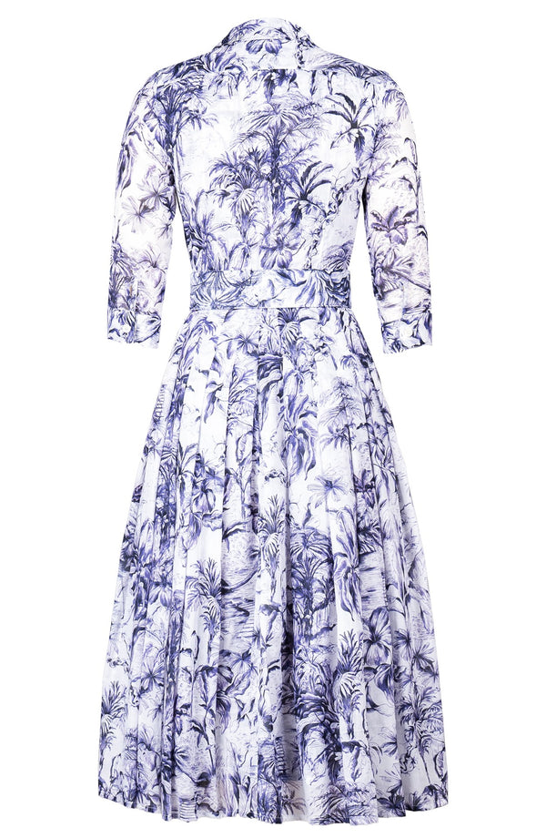 Audrey Dress #4 Shirt Collar 3/4 Sleeve Midi Length Cotton Musola (Palm Toile New White)