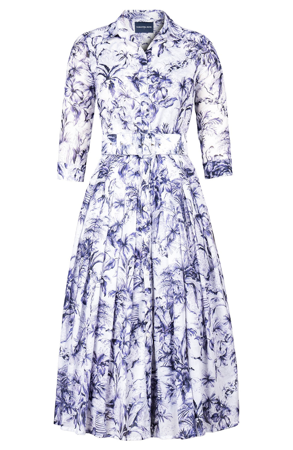 Audrey Dress #4 Shirt Collar 3/4 Sleeve Midi Length Cotton Musola (Palm Toile New White)