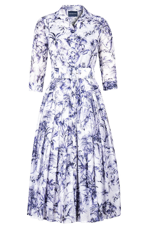 Audrey Dress #4 Shirt Collar 3/4 Sleeve Midi Length Cotton Musola (Palm Toile New White)