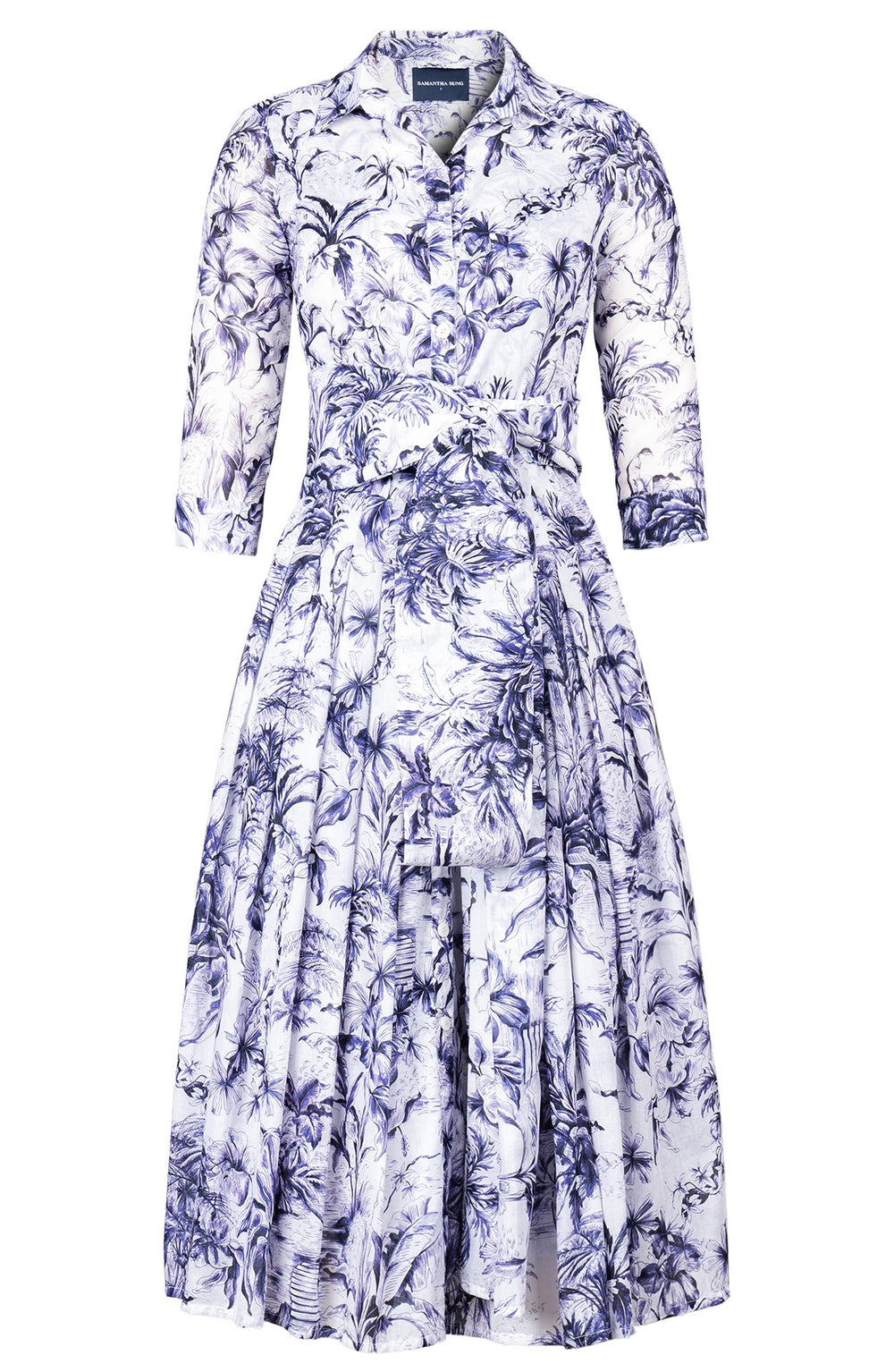Audrey Dress #4 Shirt Collar 3/4 Sleeve Midi Length Cotton Musola (Palm Toile New White)