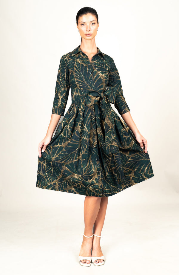 Audrey Dress #1 Shirt Collar 3/4 Sleeve Long Length Cotton Stretch (Palma)
