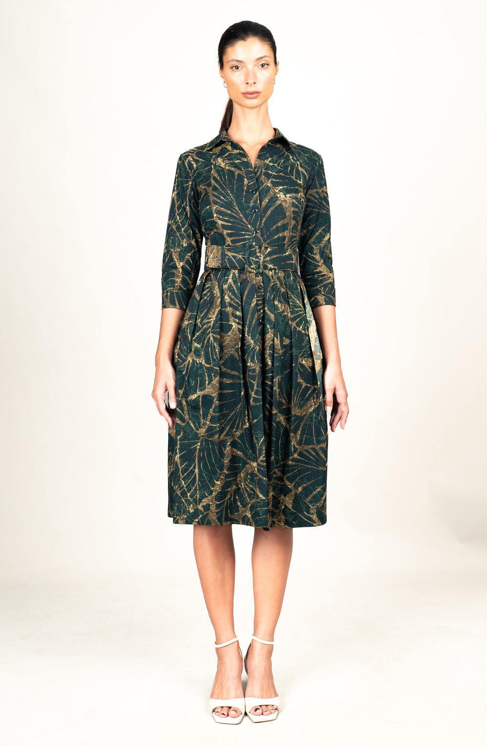 Audrey Dress #1 Shirt Collar 3/4 Sleeve Long Length Cotton Stretch (Palma)
