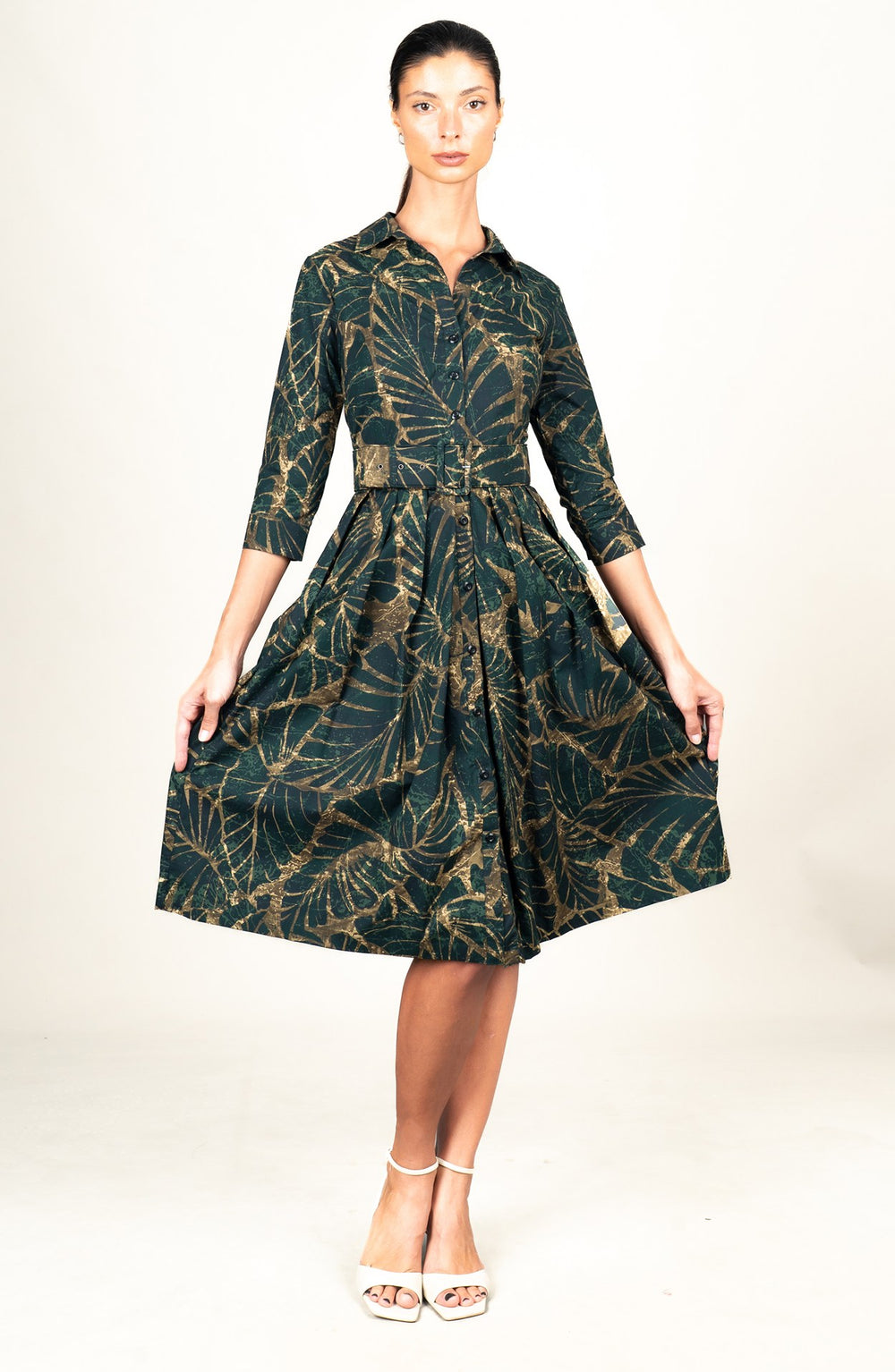 Audrey Dress #1 Shirt Collar 3/4 Sleeve Long Length Cotton Stretch (Palma)