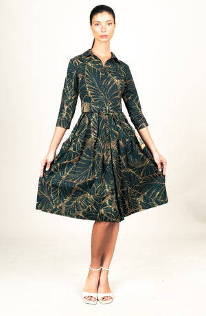 Audrey Dress #1 Shirt Collar 3/4 Sleeve Long Length Cotton Stretch (Palma)