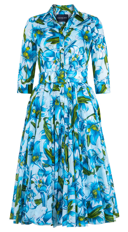 Aster Dress Shirt Collar 3/4 Sleeve Midi Length Cotton Musola (Paper Lillies Ground)