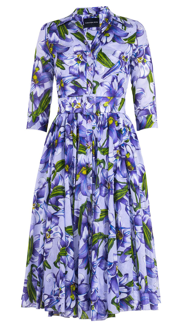 Aster Dress Shirt Collar 3/4 Sleeve Midi Length Cotton Musola (Paper Lillies Ground)