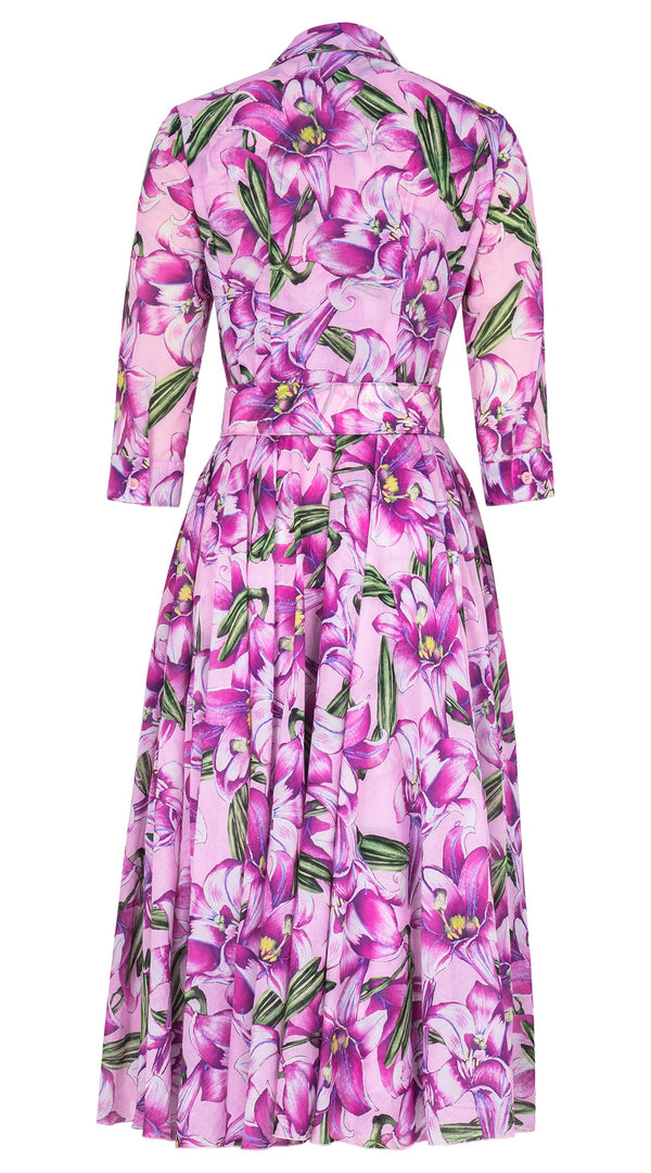 Aster Dress Shirt Collar 3/4 Sleeve Midi Length Cotton Musola (Paper Lillies Ground)