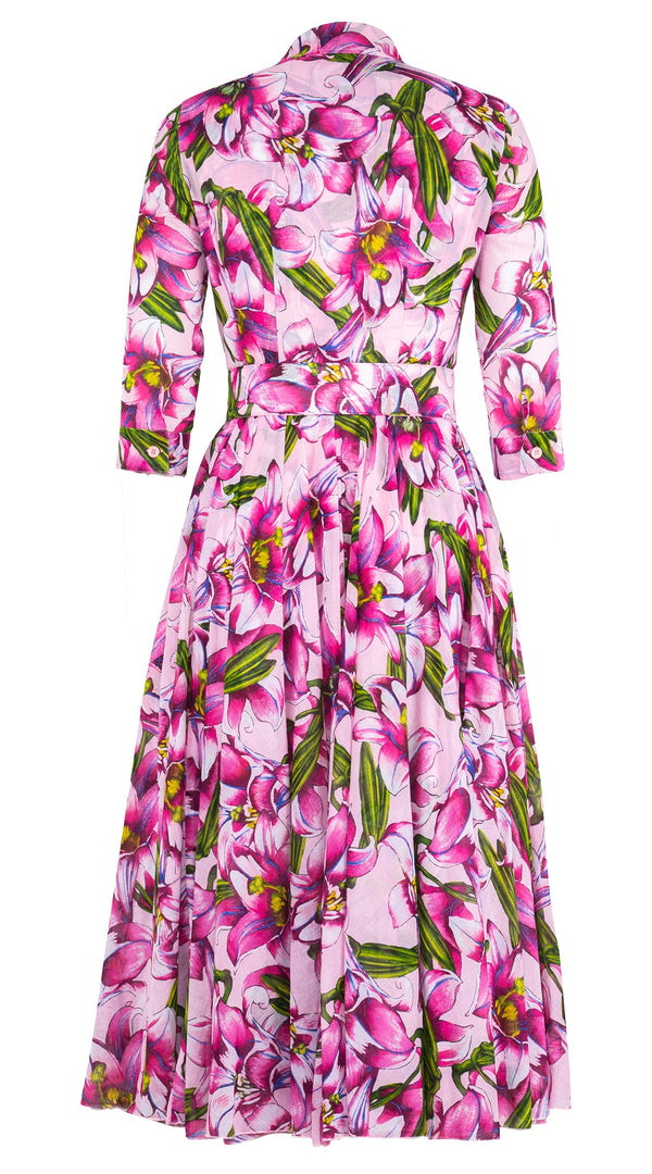 Aster Dress Shirt Collar 3/4 Sleeve Midi Length Cotton Musola (Paper Lillies Ground)