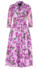 Aster Dress Shirt Collar 3/4 Sleeve Midi Length Cotton Musola (Paper Lillies Ground)