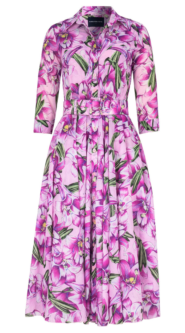 Aster Dress Shirt Collar 3/4 Sleeve Midi Length Cotton Musola (Paper Lillies Ground)