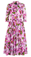 Aster Dress Shirt Collar 3/4 Sleeve Midi Length Cotton Musola (Paper Lillies Ground)