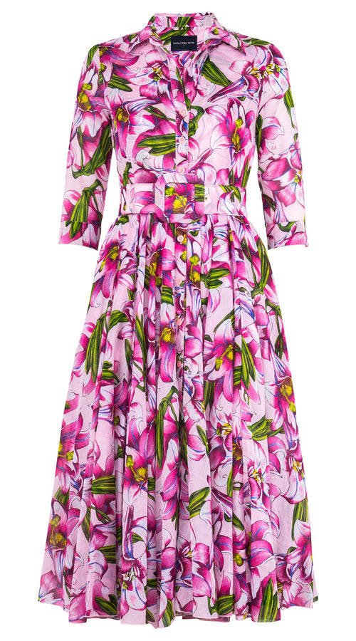 Aster Dress Shirt Collar 3/4 Sleeve Midi Length Cotton Musola (Paper Lillies Ground)