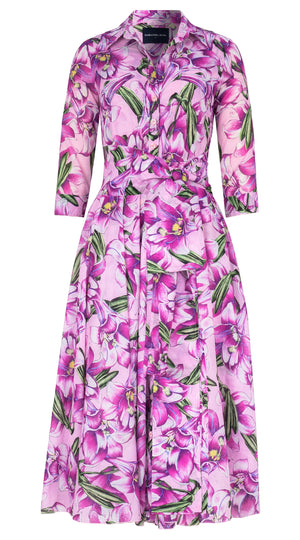 Aster Dress Shirt Collar 3/4 Sleeve Midi Length Cotton Musola (Paper Lillies Ground)