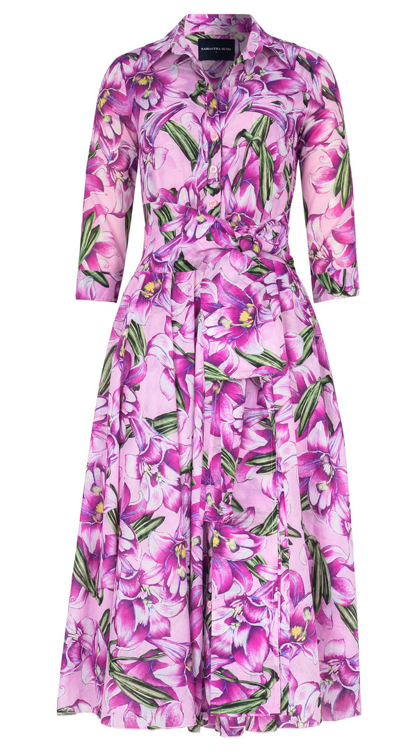 Aster Dress Shirt Collar 3/4 Sleeve Midi Length Cotton Musola (Paper Lillies Ground)