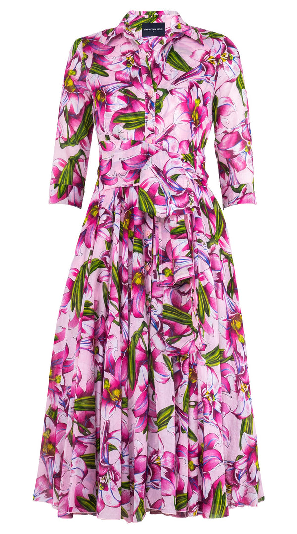 Aster Dress Shirt Collar 3/4 Sleeve Midi Length Cotton Musola (Paper Lillies Ground)
