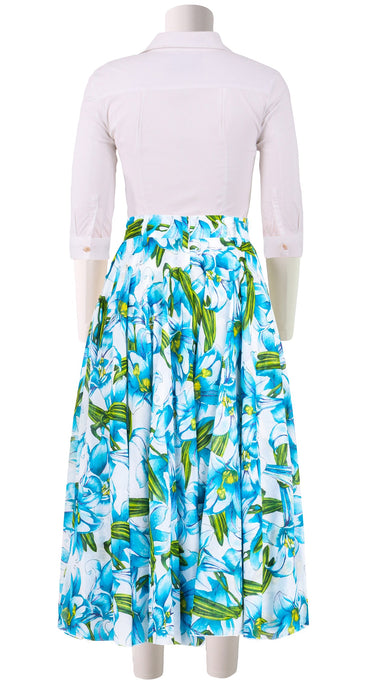 Aster Skirt #1 with Belt Midi Length Cotton Musola (Paper Lillies White)