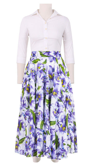 Aster Skirt #1 with Belt Midi Length Cotton Musola (Paper Lillies White)