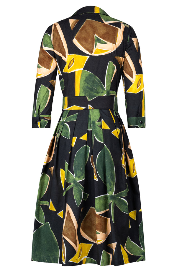 Audrey Dress #1 Shirt Collar 3/4 Sleeve Long Length Cotton Stretch (Paper Cut Flower)
