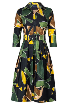 Audrey Dress #1 Shirt Collar 3/4 Sleeve Long Length Cotton Stretch (Paper Cut Flower)
