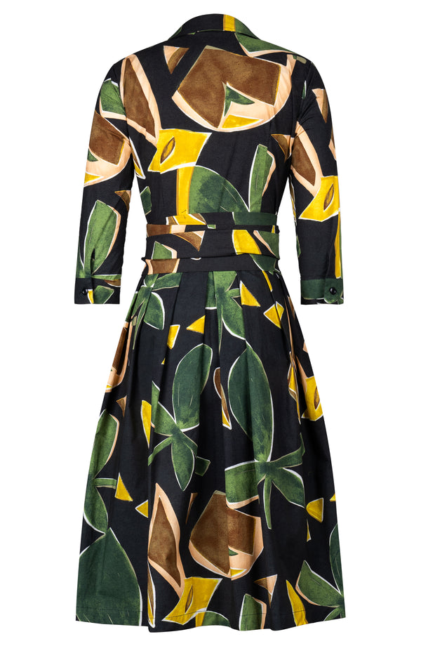Audrey Dress #1 Shirt Collar 3/4 Sleeve Long Length Cotton Stretch (Paper Cut Flower)