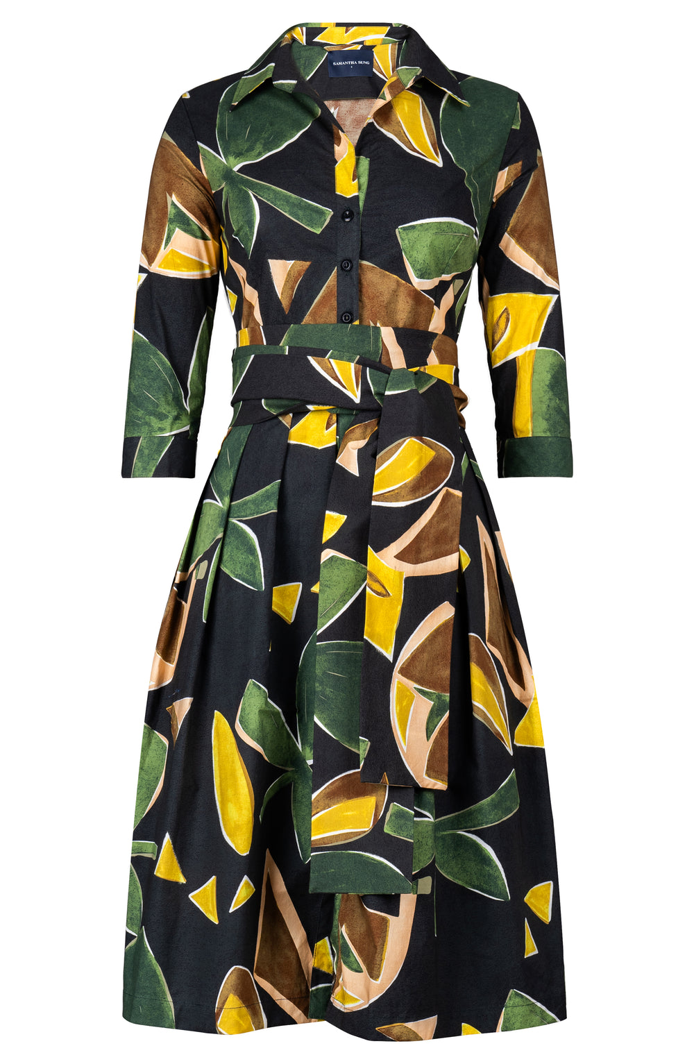 Audrey Dress #1 Shirt Collar 3/4 Sleeve Long Length Cotton Stretch (Paper Cut Flower)