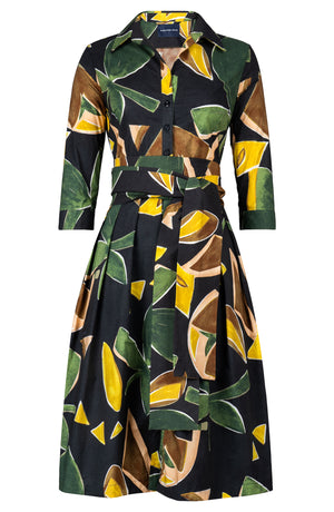 Audrey Dress #1 Shirt Collar 3/4 Sleeve Long Length Cotton Stretch (Paper Cut Flower)