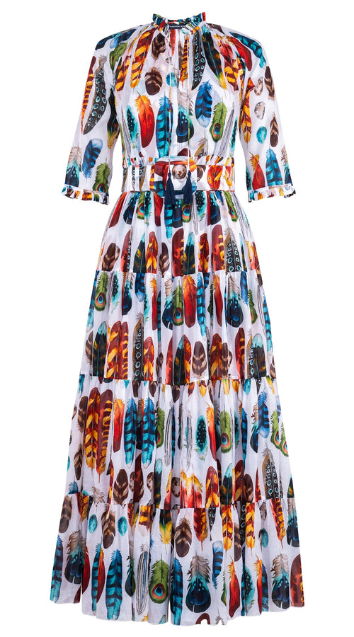 Eva Dress Crew Neck 3/4 Sleeve Maxi Length Cotton Musola (Paradise Feather)