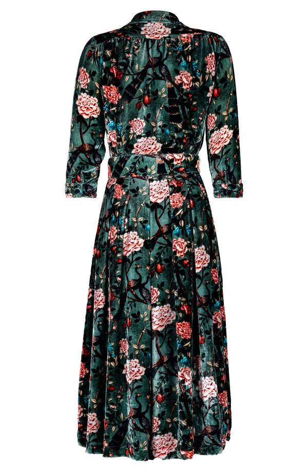 Audrey Dress Shirt Collar 3/4 Sleeve Midi Length Silk Velvet (Paradiso)