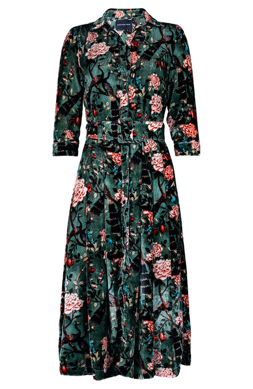 Audrey Dress Shirt Collar 3/4 Sleeve Midi Length Silk Velvet (Paradiso)