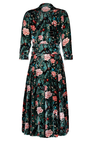 Audrey Dress Shirt Collar 3/4 Sleeve Midi Length Silk Velvet (Paradiso)