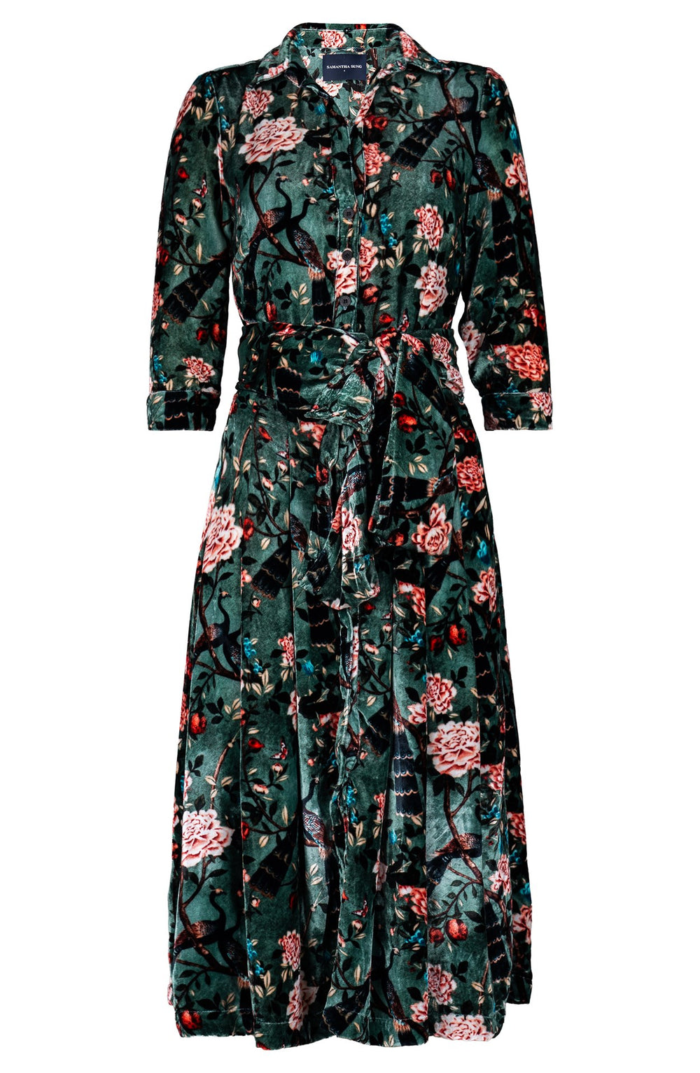 Audrey Dress Shirt Collar 3/4 Sleeve Midi Length Silk Velvet (Paradiso)