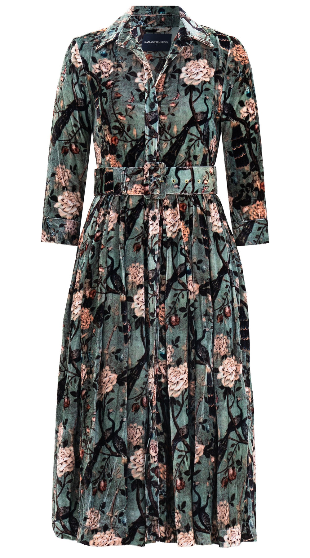 Audrey Dress #1 Shirt Collar 3/4 Sleeve Midi Length Silk Velvet (Paradiso Velvet)